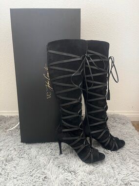 Vince Camuto Black Lace-Up Peep-Toe Over-The-Knee Suede Boots
